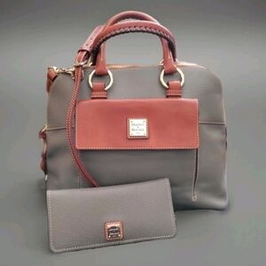 Dooney & Bourke "Elephant" Gray and Tan Leather Satchel with Wallet Like New